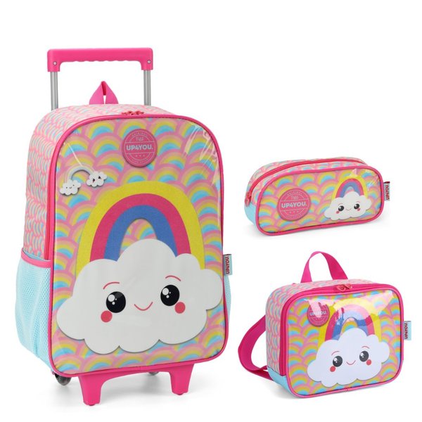 Kit Mochila Infantil Arco-Íris Nuvem Rodinhas Lancheira Estojo